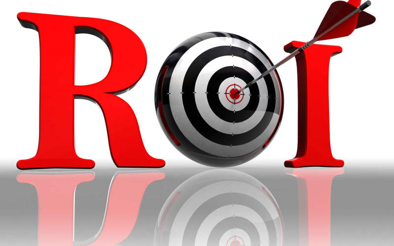 roi red word with conceptual target and arrow on white background clipping path included